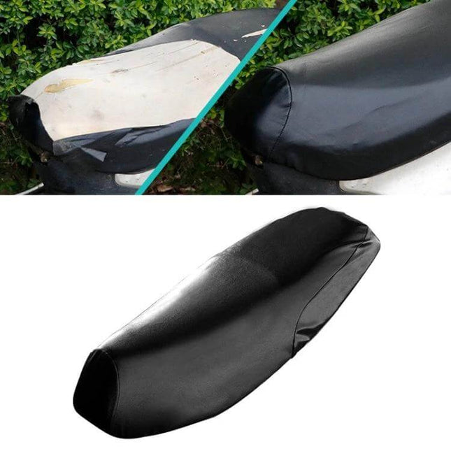 Waterproof Black Leather Seat Cover for Scooters and Motorcycles, Size XL fitted on scooter seat showing before and after protection