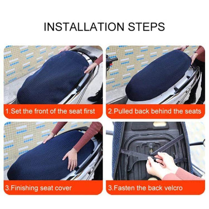 Waterproof Motorcycle Seat Cover for All-Weather Protection, XXL Size - installation steps showing seat cover fitted, anti-skid and fastened with back velcro