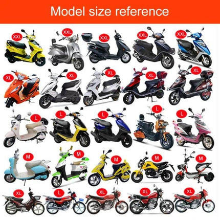 Waterproof Motorcycle Seat Cover for All-Weather Protection, XXL Size — model size reference chart showing scooters and motorcycles labeled XXL/XL/L/M