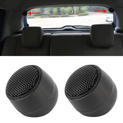 Two Pack Car Dome Tweeters For Crystal Clear Car Audio installed in rear pillars and close-up of compact black dome tweeters