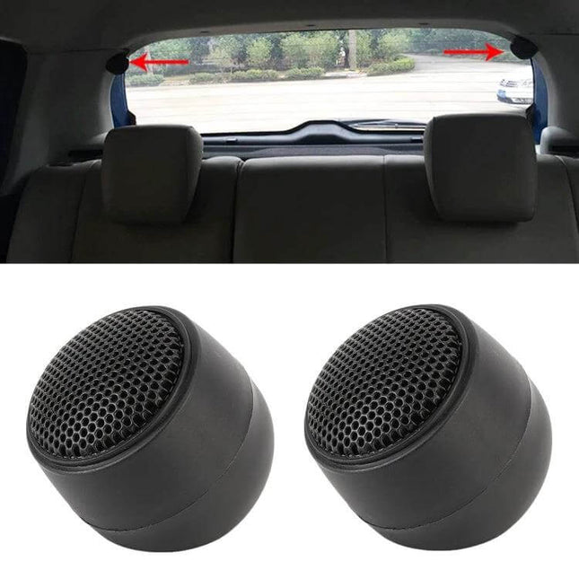 Two Pack Car Dome Tweeters For Crystal Clear Car Audio installed in rear pillars and close-up of compact black dome tweeters