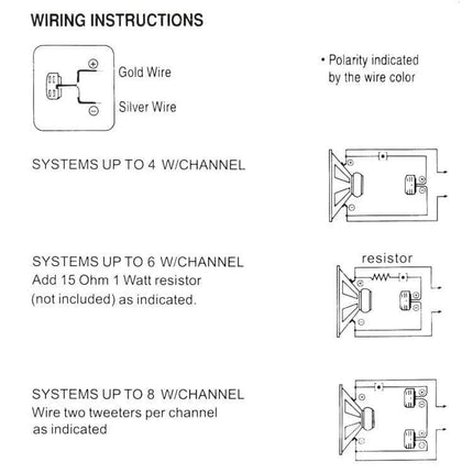 Two Pack Car Dome Tweeters For Crystal Clear Car Audio wiring diagram showing polarity, resistor option for 6Ω systems, and wiring for 4Ω and 8Ω channels