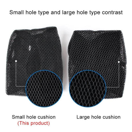 Comfortable Breathable Motorcycle Seat Cushion in Polyester, Size L black small-hole mesh cushion showing airflow and size L dimensions