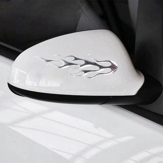Flame Pattern Car Stickers for Vehicle Decoration in Assorted Sizes - silver flame decal on white car mirror (5.5x20.5cm and 3x12cm)