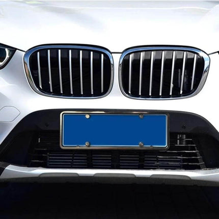Silver Car License Plate Holder in Magnesium Alloy, Set of 2 mounted on front bumper showing silver frame securing blue plate