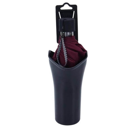 Shunwei Waterproof Car Umbrella Storage Organizer holding a folded burgundy umbrella in a black waterproof cup