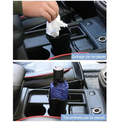 Shunwei Waterproof Car Umbrella Storage Organizer placed in car cup holder holding wet umbrella and trash