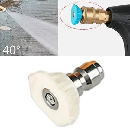 High Pressure Car Wash Jet Nozzle with 40-Degree Angle shown spraying at 40° and quick-connect brass fitting for vehicle cleaning