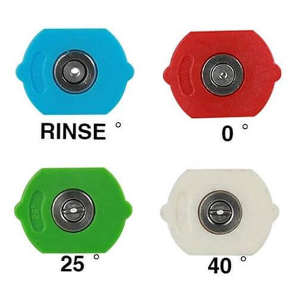 High Pressure Car Wash Jet Nozzle with 40-Degree Angle — four color-coded quick-connect spray tips (rinse, 0°, 25°, 40°) for vehicle cleaning
