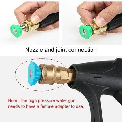 High Pressure Car Wash Jet Nozzle with 40-Degree Angle showing quick-connect brass nozzle and joint connection on spray gun