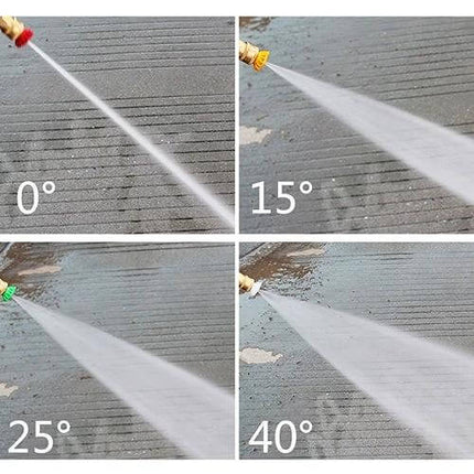 High Pressure Car Wash Jet Nozzle with 40-Degree Angle spraying adjustable 0°, 15°, 25°, 40° fan patterns on concrete surface