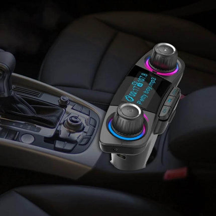 Dual Bluetooth Car Transmitter With 1.3 Inch LED Screen plugged into car cigarette lighter showing LED display, dual knobs and USB/TF playback controls