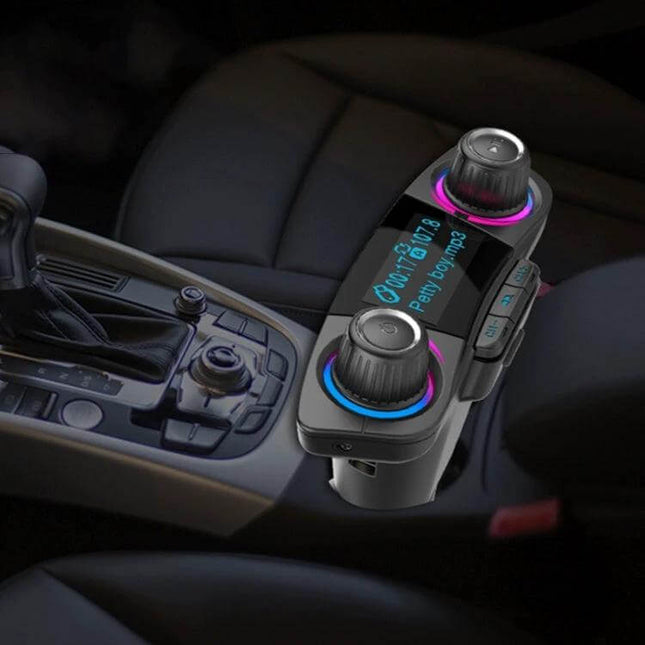 Dual Bluetooth Car Transmitter With 1.3 Inch LED Screen plugged into car cigarette lighter showing LED display, dual knobs and USB/TF playback controls