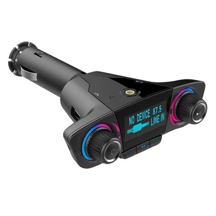 Dual Bluetooth Car Transmitter With 1.3 Inch LED Screen - black FM transmitter with dual knobs, USB, TF slot and 1.3-inch LED display for hands-free calling