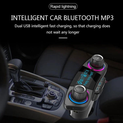 Dual Bluetooth Car Transmitter With 1.3 Inch LED Screen in car console showing LED display, dual knobs, USB ports and FM transmitter