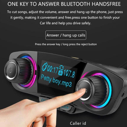 Dual Bluetooth Car Transmitter With 1.3 Inch LED Screen showing hands-free call button, caller ID and colorful LED knobs for FM transmitter and music control
