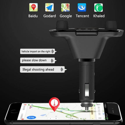 Dual Bluetooth Car Transmitter With 1.3 Inch LED Screen mounted in car cigarette socket showing phone navigation and app icons