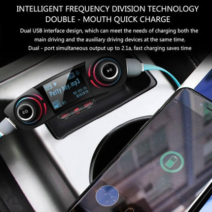 Dual Bluetooth Car Transmitter With 1.3 Inch LED Screen showing FM transmitter in car console with USB charging cables and smartphone playback