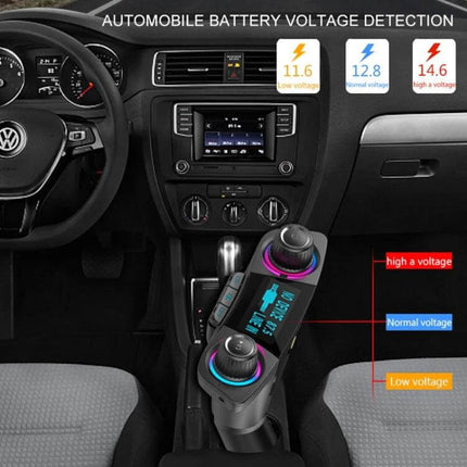 Dual Bluetooth Car Transmitter With 1.3 Inch LED Screen plugged into car console showing battery voltage detection and dual knobs