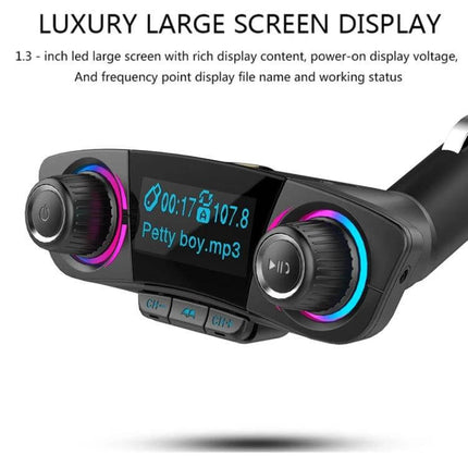 Dual Bluetooth Car Transmitter With 1.3 Inch LED Screen showing 1.3-inch LED display, dual control knobs, FM frequency and MP3 playback