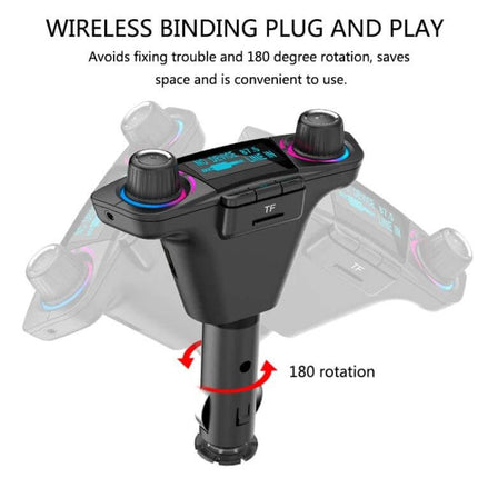 Dual Bluetooth Car Transmitter With 1.3 Inch LED Screen showing 180° rotatable wireless FM transmitter with TF slot and dual control knobs