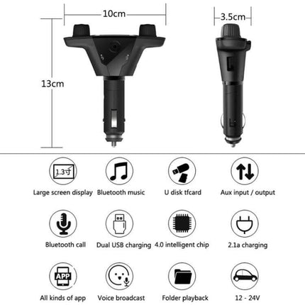 Dual Bluetooth Car Transmitter With 1.3 Inch LED Screen black FM transmitter showing dimensions and icons for Bluetooth music, hands-free calls, USB/TF playback