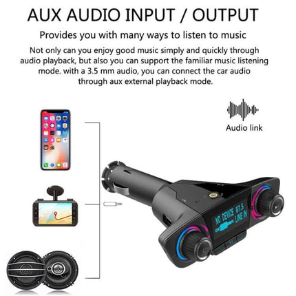 Dual Bluetooth Car Transmitter With 1.3 Inch LED Screen showing AUX audio input/output, FM transmitter, phone, GPS and speaker connections