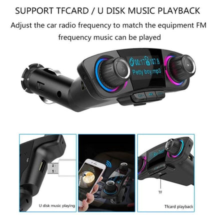 Dual Bluetooth Car Transmitter With 1.3 Inch LED Screen showing LED display, dual knobs, USB and TF card playback for hands-free calls and music