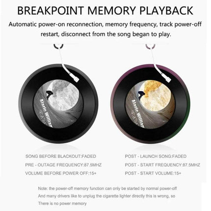 Dual Bluetooth Car Transmitter With 1.3 Inch LED Screen showing two circular transmitter units and text about breakpoint memory playback
