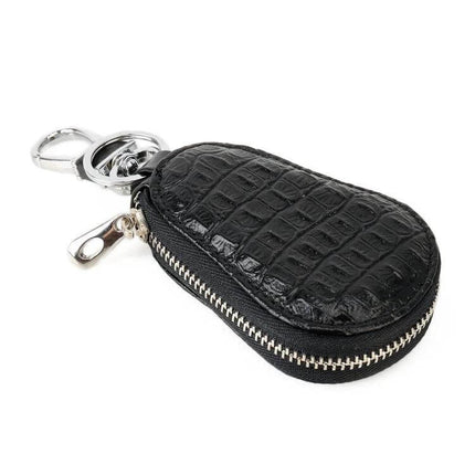 Leather Crocodile Texture Key Holder with Zipper for Essentials in black leather with zipper and keyring