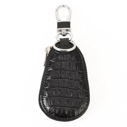 Leather Crocodile Texture Key Holder with Zipper for Essentials in black leather with silver clip and zipper