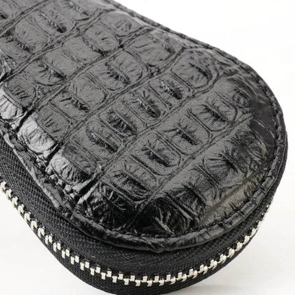 Leather Crocodile Texture Key Holder with Zipper for Essentials close-up of black crocodile-embossed leather and secure zipper
