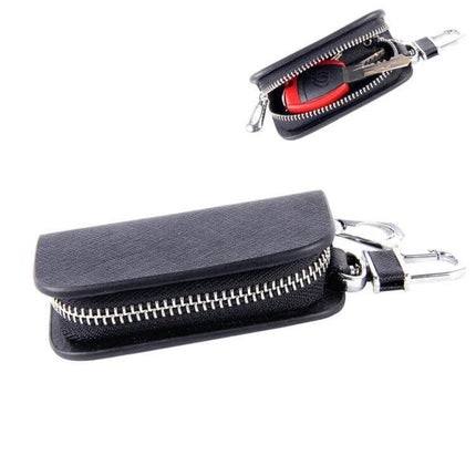 Practical Leather Key Holder Wallet with Zipper for Daily Use - compact black leather zip-around key case holding keys, card and coins