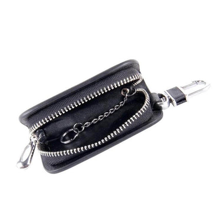 Practical Leather Key Holder Wallet with Zipper for Daily Use - compact black leather zip key wallet with chain and coin/card pocket
