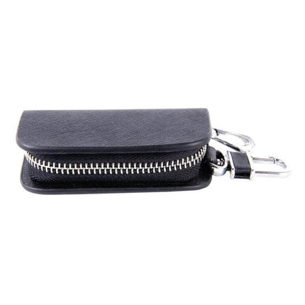 Practical Leather Key Holder Wallet with Zipper for Daily Use - compact black leather zip-around key holder with clip