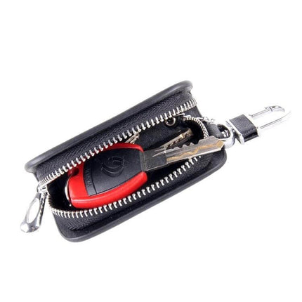 Practical Leather Key Holder Wallet with Zipper for Daily Use - compact black leather zip-around key and coin holder