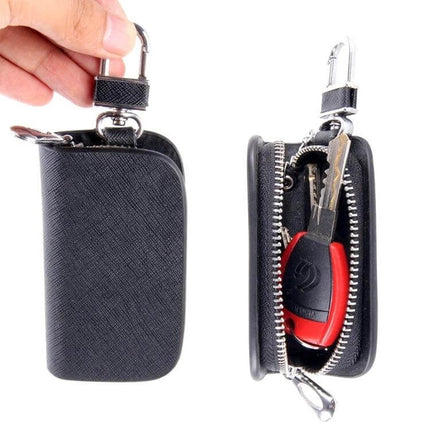 Practical Leather Key Holder Wallet with Zipper for Daily Use in black leather holding keys and coins with zip-around closure