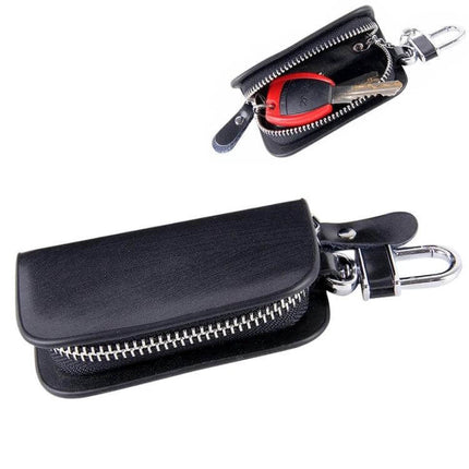 Leather Wood Grain Zipper Key Holder for Daily Essentials - black leather key case with zipper, holds keys, cards and coins, durable wood grain texture