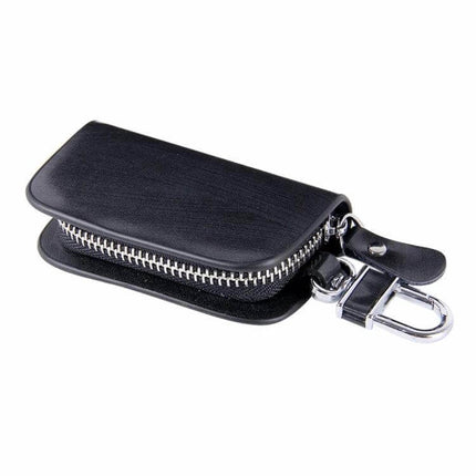 Leather Wood Grain Zipper Key Holder for Daily Essentials - black leather zip key pouch with metal clip for keys cards and coins