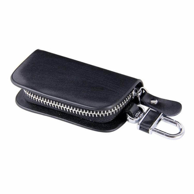 Leather Wood Grain Zipper Key Holder for Daily Essentials - black leather zip key pouch with metal clip for keys cards and coins