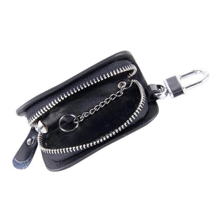 Leather Wood Grain Zipper Key Holder for Daily Essentials - compact black leather key pouch with zipper, chain, and clip for keys, cards, and coins