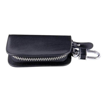 Leather Wood Grain Zipper Key Holder for Daily Essentials - black zip leather key pouch with metal clip for keys, cards and coins