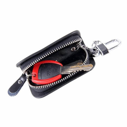 Leather Wood Grain Zipper Key Holder for Daily Essentials - compact black leather key pouch with zipper, keyring and car key inside