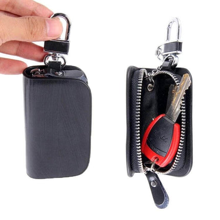Leather Wood Grain Zipper Key Holder for Daily Essentials shown closed and open with keys inside, compact leather wood-grain zipper key pouch