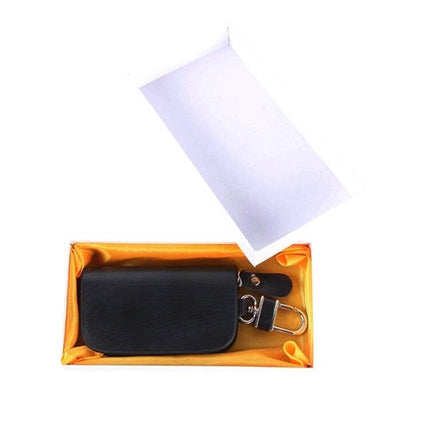 Leather Wood Grain Zipper Key Holder for Daily Essentials compact black leather key pouch with zipper and keyring in gift box