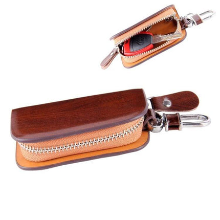 Leather Wood Grain Zipper Key Holder for Daily Essentials - compact leather key pouch with zipper, wood grain texture, keyring clip, fits keys and cards