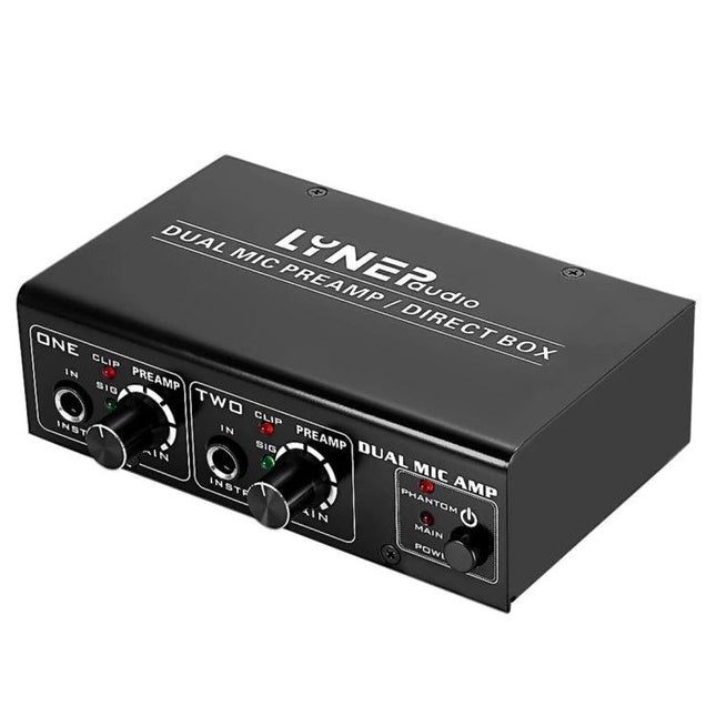 LINEPAUDIO Amplifier for Home Music Recording Sessions - black dual mic preamp with XLR input, gain knobs and phantom power for home studio