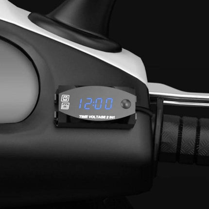 Motorcycle Digital Clock and Voltmeter for Daily Riding Use mounted on handlebar with blue LED time and voltage display