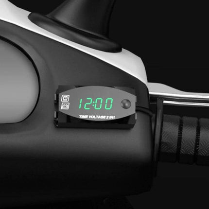 Motorcycle Digital Clock and Voltmeter for Daily Riding Use mounted on handlebar showing 12:00 and voltage readout