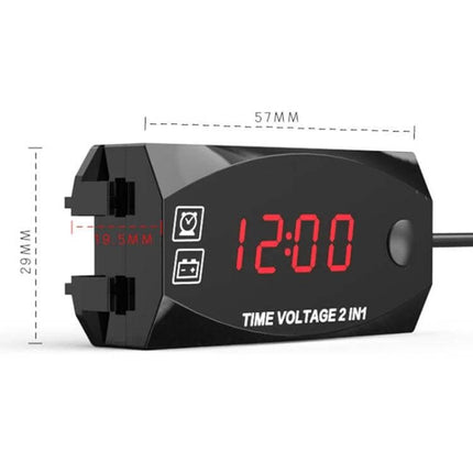 Motorcycle Digital Clock and Voltmeter for Daily Riding Use - compact dual display showing time 12:00 and voltage, clear red LED for motorcycle use